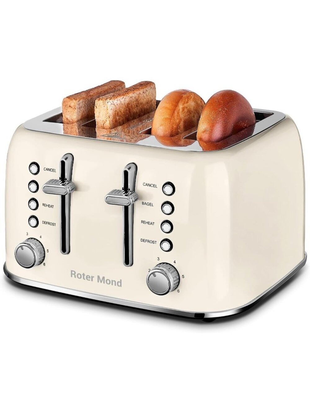 4 Slice Cream White Retro Stainless Steel with Extra Wide Slots Defrost Toaster